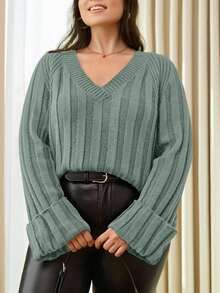 SHEIN Cottnline Suéter de manga raglán de unicolor de talla grande - verde menta - Ver 5