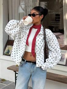 SHEIN EZwear 2025 Fall Women's Polka Dot Print Long Sleeve Zipper Jacket Casual Loose Polka Dot Cropped Suit Y2K Back To School 2000s Style Streetwear, Grunge And Punk Fashion - White - View 6