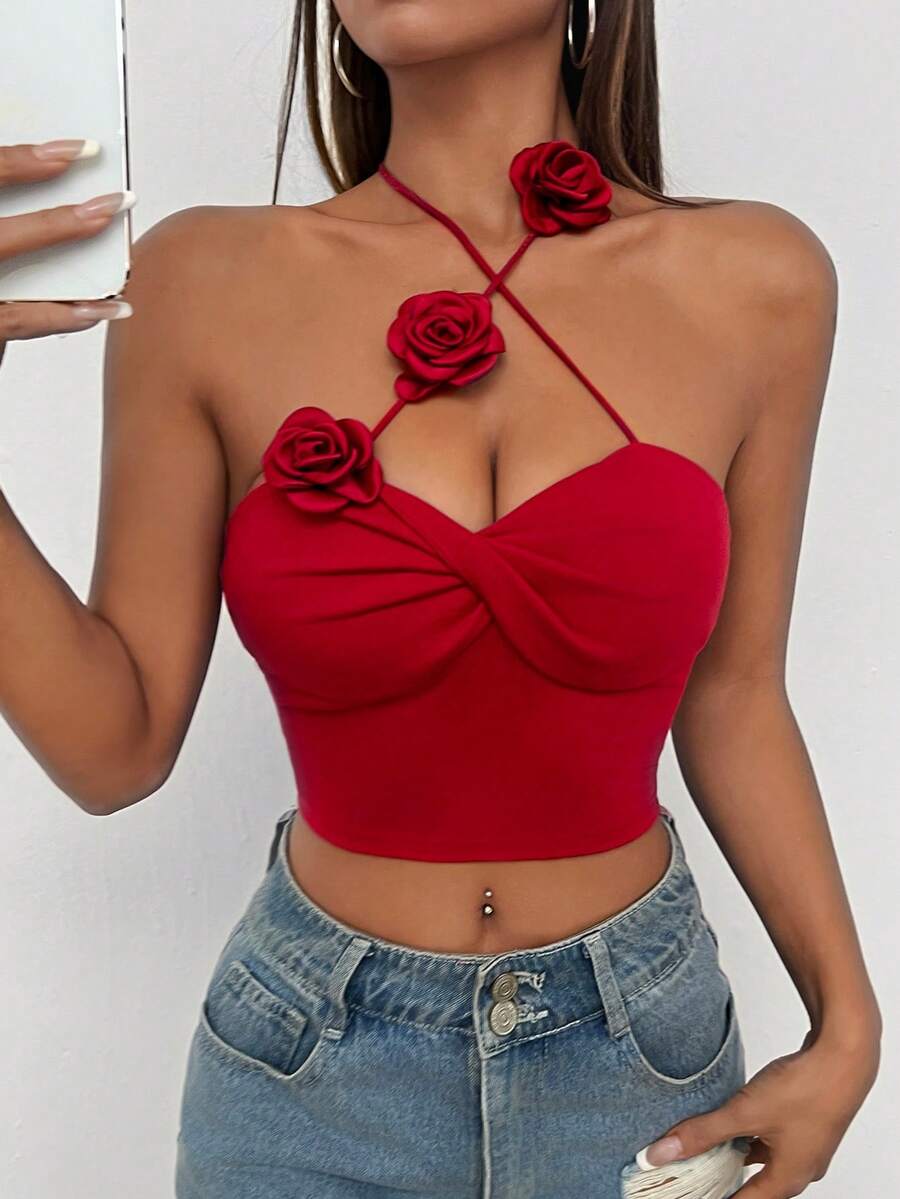 SHEIN PETITE Áo khoác nữ 3D màu trơn trang trí dây buộc chéo cổ Crop Cami Top - Đỏ - Xem 1