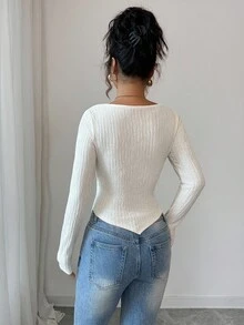 Elenzga Women's Casual Solid Color Asymmetric Hem Knit Sweater T-Shirt, Autumn/Winter - Apricot - View 2
