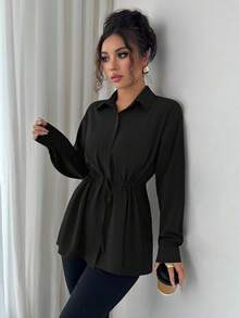 Elenzga Women's Elegant French Office Commute Street Style Utility Shirt, Featuring Shirt Collar, Front Placket, Waist Drawstring, Bowknot Long Sleeve Blouse, Suitable For Spring, Autumn And Winter - Black - View 7