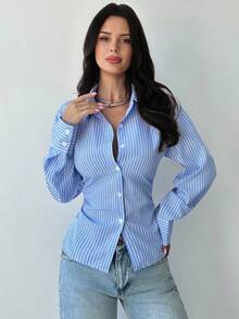Firerie Women's Blue And White Striped Long Sleeve Shirt, Tie-Waist Shirt, Casual Commuter Shirt, Vacation Shirt, Cinched Waist Striped Shirt, Suitable For Spring, Summer, Autumn And Winter, Elegant, Vacation, Bohemian, Work Attire - Blue and White - View 5
