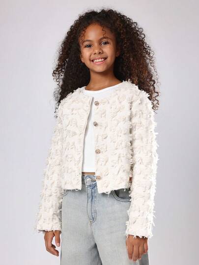 SUMWON 青少年女孩短款毛绒纹理纽扣夹克冬季节日派对特殊场合外套，带装饰性金属纽扣，优雅时尚风格