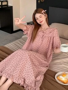 DAZY 女士休闲碎花短款睡裙，夏季睡衣，宽松睡裙 - 粉色 - 查看 5
