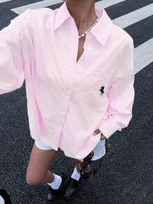 SHEIN EZwear 女士刺绣装饰粉色条纹宽松长袖衬衫 粉色条纹衬衫 粉色马刺绣衬衫 - 粉色 - 查看 6