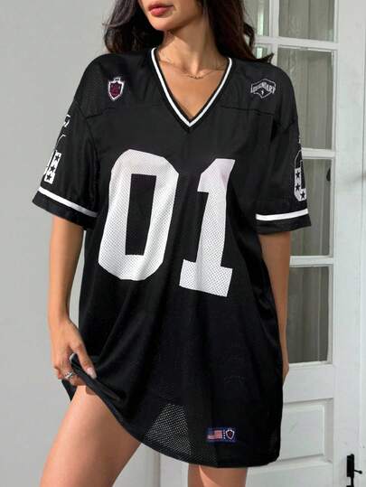 SHEIN EZwear 运动号码图案足球球衣 T 恤连衣裙