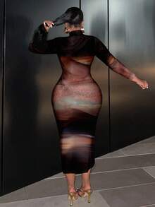 Slaydiva Brushstroke Tie-Dye Print Casual Minimalist Plus Size Long Sleeve Round Neck Fitted Dress, Fashionable For Parties, Autumn/Winter - Multicolor - View 2