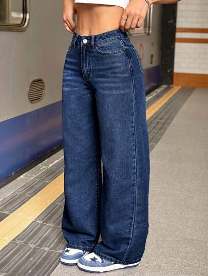 SHEIN PETITE 女式口袋阔腿宽松休闲百搭牛仔裤