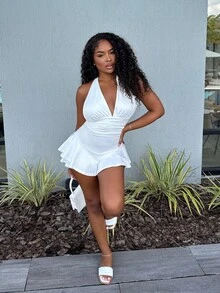 Alexandranx 女式露背高弹力腰部 A 字下摆紧身褶边连体裤 - 白色 - 查看 5