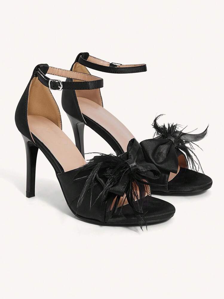 CUCCOO CHICEST Women's Elegant Romantic Sexy Fashion Gothic Black Satin Bow & Feather Pointed Toe Stiletto High Heel Sandals, Suitable For Formal Occasions, Parties, Weddings, Halloween, Christmas, Thanksgiving, Birthday, Bar, Nightclub
