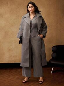 MOTF PREMIUM PLUS SIZE STRIPED PRINT SLANT POCKET FLARE SUIT PANTS - Grey - View 3