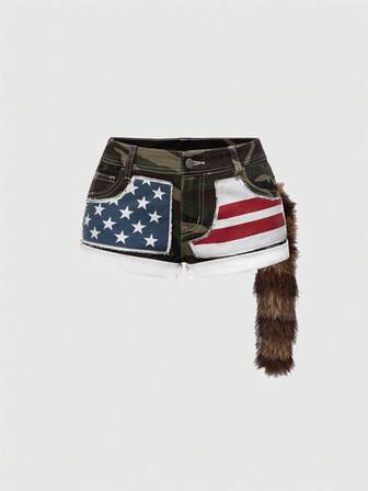 J-Fashion Shorts vaqueros de tiro bajo con estampado de bandera y estrella, estilo Y2K baddie