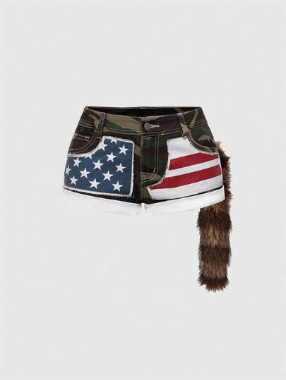 J-Fashion Y2K Baddie Flag & Star Print Low Waist Denim Shorts