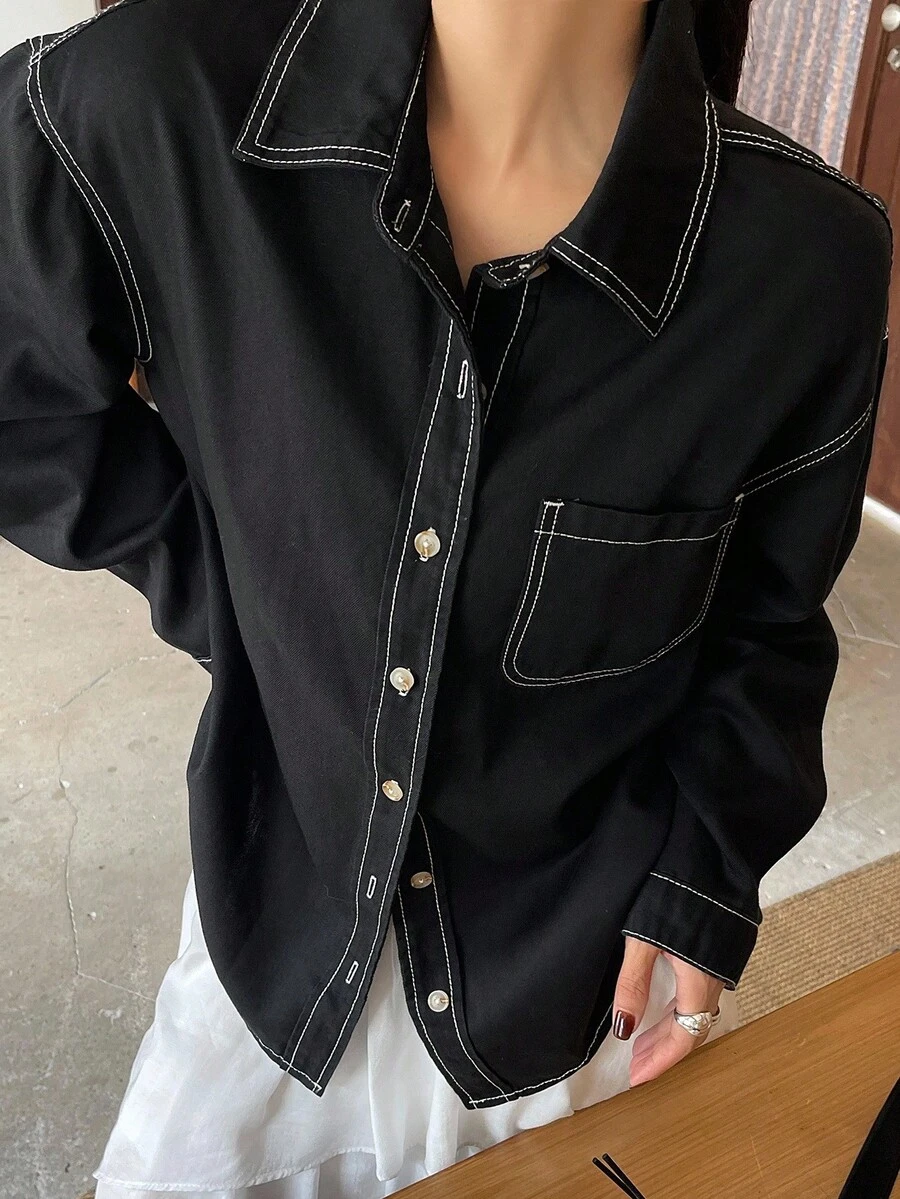 DAZY 浅色水洗牛仔衬衫，有领有口袋，宽松长袖，春夏秋 - 黑色 - 查看 1