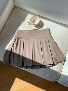 Comfortcana Women Camel Color Knitted Cute Sports Pleated Mini Skirt - Camel - View 4