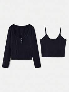 lacRébo 2 Pieces Knit Top Set – Ribbed Long Sleeve Button Front Top With Underlayer Black Knit Camisole Top Spring Women Clothes Spring Summer - Navy Blue - View 7