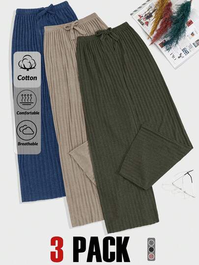 RueChic 100%Cotton 3 Pcs Solid Knit Pant Set Cotton Blend Pants Comfortable Pants Ribbed Knit Pants
