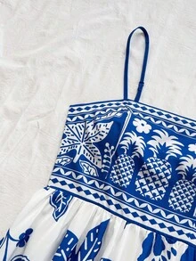 Soleia Plus Size Women Tropical Bird, Palm Tree & Floral Print Waist Cinched A-Line Midi Dress, Vacation Style