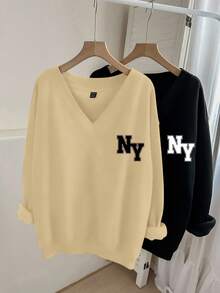 EMERY ROSE 2 piezas Sudadera de felpa con cuello en V de unicolor para mujer talla grande con estampado de NY, versátil para otoño/invierno