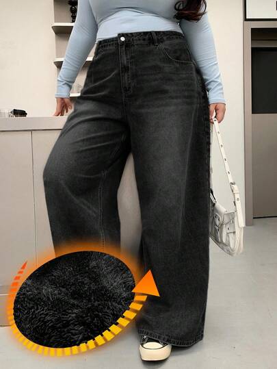Dazy Plus Jeans de pierna ancha con lavado desgastado y ajuste holgado con forro térmico, talla grande para mujer, para otoño/invierno con forro térmico