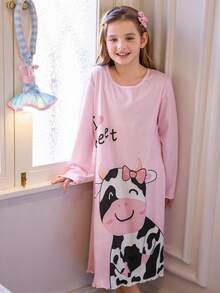 少女可爱奶牛印花圆领长袖睡衣连衣裙，圣诞节 - 粉色 - 查看 6