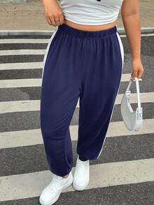 SHEIN EZwear Plus Size Women Contrast Color Elastic Waist Drawstring Casual Sweatpants/Winter