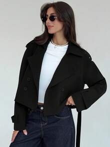 Aloruh Áo khoác trench coat cổ ve trơn màu tay dài, cài hai hàng khuy đơn giản dành cho nữ, mùa thu - màu đen - Xem 5