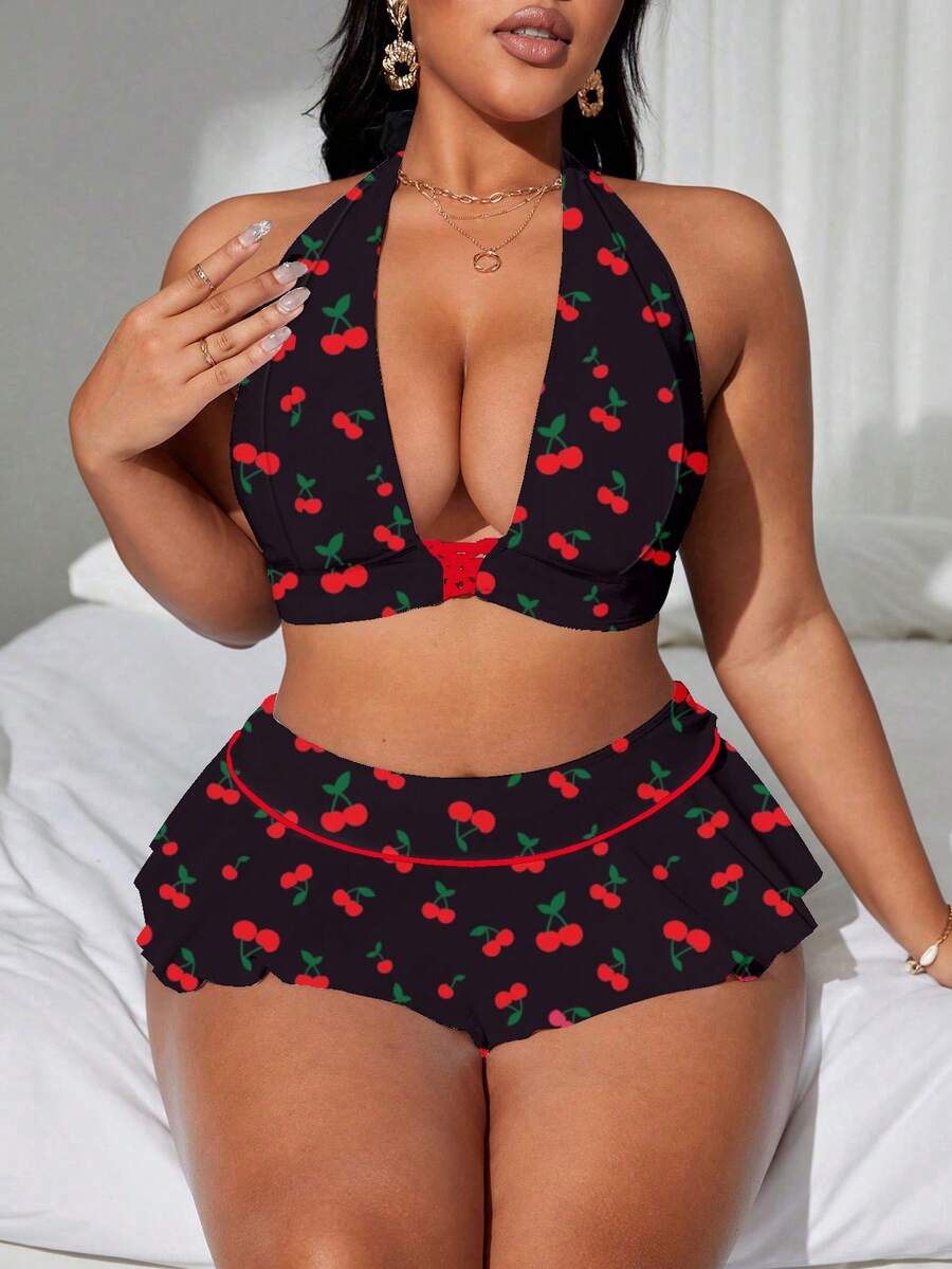 Swim Mod Plus Size Bikini Set - Halter Neck Backless Top With Allover Print Bottom Summer Beach