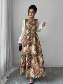 Elenzga 女士圆领长袖修身腰部拼接 A 字形纹理面料优雅精致连衣裙 - 彩色 - 查看 3
