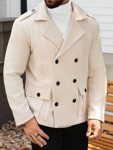 Manfinity Homme 男士长袖绅士休闲纯色翻领双排扣翻盖口袋双排扣大衣，复古风格，秋冬款 - 杏色 - 查看 5