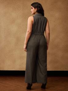 MOTF PREMIUM CHRISTMAS PLUS SIZE CHIC SLEEVELESS BLAZER COLLAR JUMPSUIT - Coffee Brown - View 3