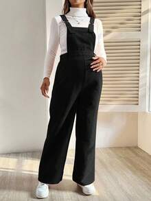 SHEIN Black Long Maternity Jumpsuit Overalls For Pregnant Women Plain Woven Fabric With Straps And Button Details - Black - View 3