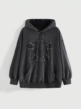 Grunge Punk Grunge-Punk Vintage Distressed Five-Pointed Star Paperclip Creative Design Plus Size Textured Hoodie Sweatshirt, Plus Size Women Casual Pullover For Daily Wear, Music Festivals, Parties/Winter