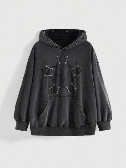 Grunge Punk Grunge-Punk Vintage Distressed Five-Pointed Star Paperclip Creative Design Plus Size Textured Hoodie Sweatshirt, Plus Size Women Casual Pullover For Daily Wear, Music Festivals, Parties/Winter