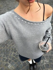 INAWLY Lässiger, vielseitiger asymmetrischer Kragen, locker gestrickter Pullover