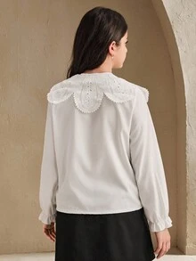 SHEIN 女孩优雅刺绣花领长袖开襟单排扣休闲公主衬衫，适合上学、度假、旅行、生日派对、春秋季 - 白色 - 查看 2