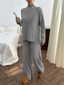 SHEIN Cottnline Rib Pattern Pocket Pullover Pant Knit Set Stay At Home Dark Grey Autumn Casual Everyday - Grey - View 5