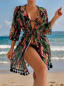 Swim Lushoire Của phụ nữ Kimono Phong cách Che phủ Với Eo Bọc , In ngẫu nhiên - Màu be - Xem 1