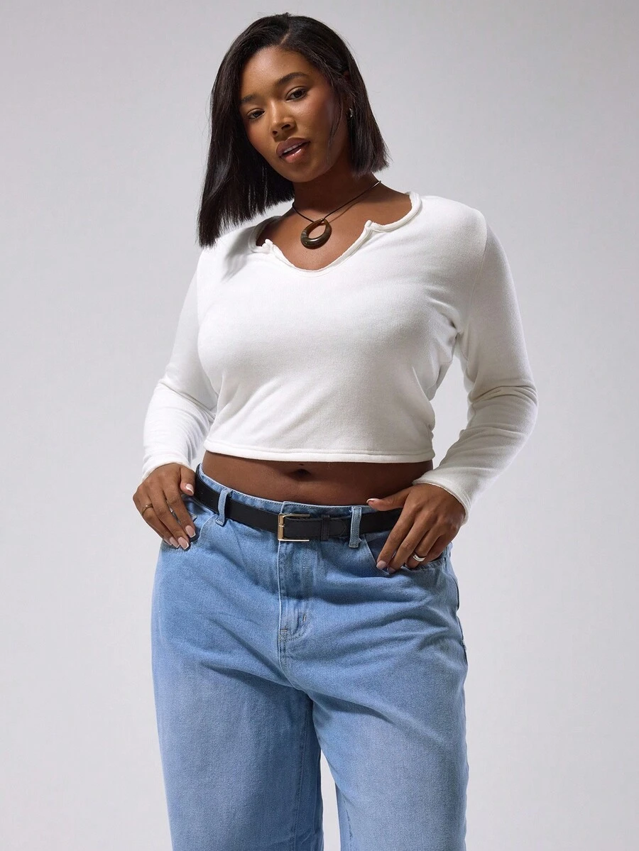 MUSERA Plus Size Notched Neck Plunge Fitted Long Sleeve Top Everyday Spring Summer Easter Holiday - White - View 1