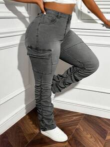 Slaydiva Spring Plus Size Women Cargo Pocket Ruched Stretch Jeans - Grey - View 1