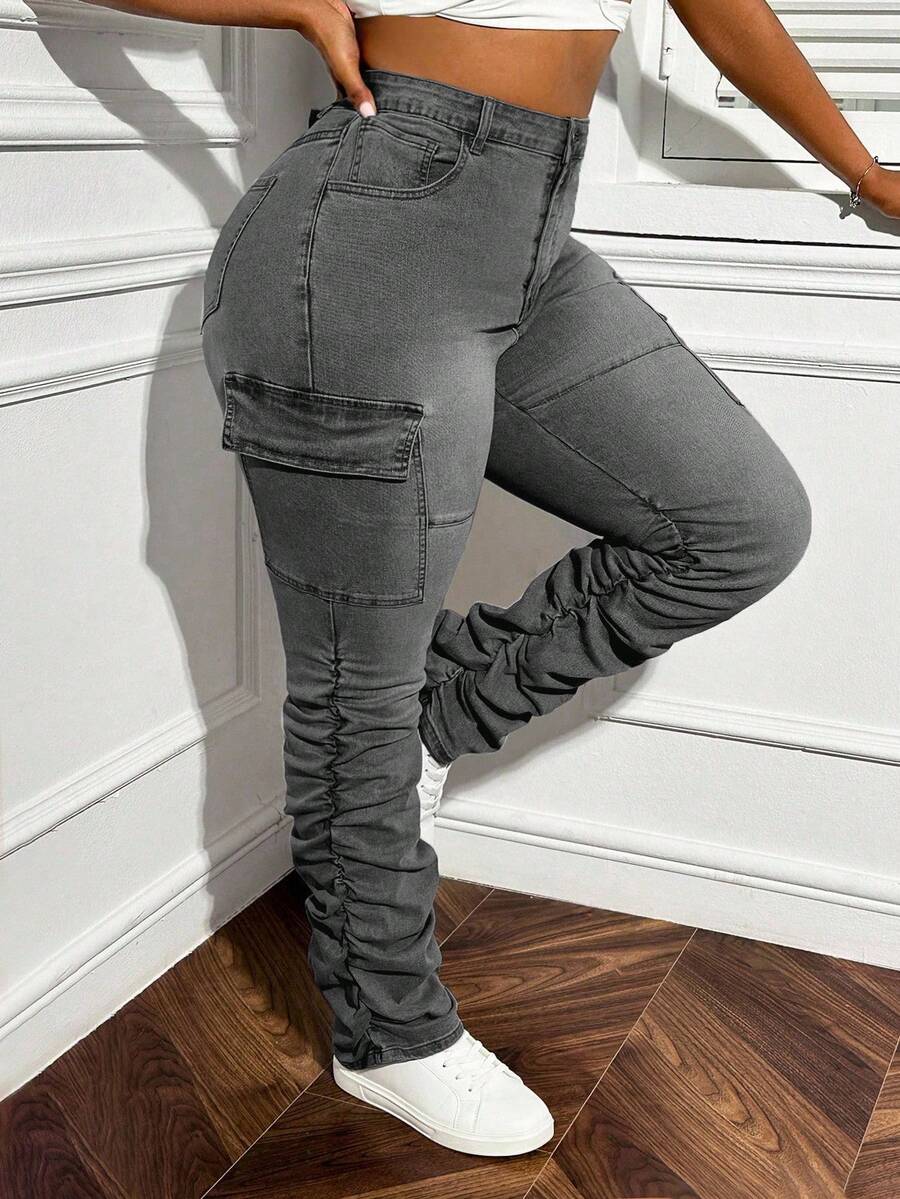 Slaydiva Spring Plus Size Women Cargo Pocket Ruched Stretch Jeans - Grey - View 1