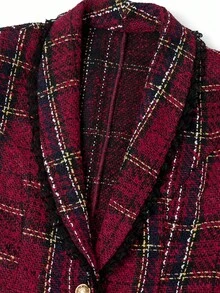 Ellevyn Women's Peter Pan Collar Cinched Waist Long Sleeve Metal Button Red Plaid Christmas Wool Tapered Pants, Elegant For Everyday Wear - Multicolor - View 17