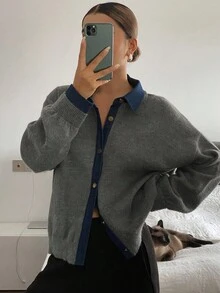 DAZY 女式休闲牛仔拼布落肩长袖开衫，秋冬 - 灰色 - 查看 3