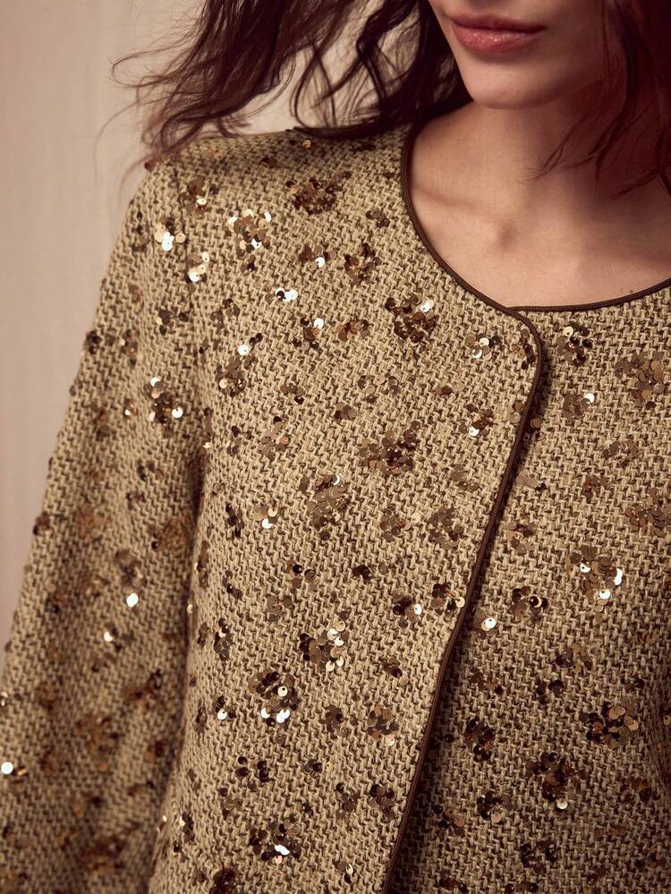ELEGANT TWEED SEQUIN EMBELLISHED JACKET, BROWN
