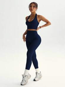 Dewbera 女士纯色简约日常露背上衣和运动裤套装 - 藏蓝色 - 查看 8