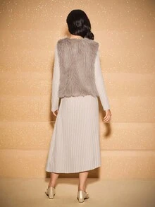 两件套优雅奢华灰棕色毛绒无袖上衣和杏色针织修身连衣裙，适合青少年女孩秋冬季穿着。 - 杏色 - 查看 2