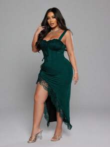 NU&NOW Christmas Plus Size Women Solid Color Lace Patchwork Sexy Elegant Slit Fitted Slip Dress