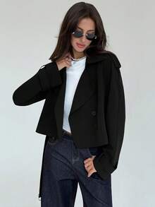 Aloruh Áo khoác trench coat cổ ve trơn màu tay dài, cài hai hàng khuy đơn giản dành cho nữ, mùa thu - màu đen - Xem 7