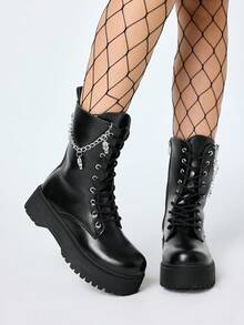 ROMWE Goth 女士暗黑朋克哥特风系带机车靴，厚底踝靴 - 黑色 - 查看 1