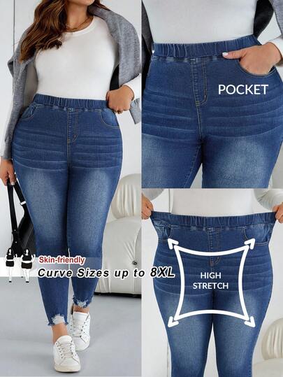 SHEIN CURVE+ Pantalones vaqueros elásticos de cintura alta de talla grande para mujer con bolsillos, versátiles, para curvas, pantalones vaqueros azules ajustados y acortados de invierno para mujer, pantalones vaqueros de invierno para mujer, pantalones vaqueros ajustados y elásticos para mujer, pantalones vaqueros de cintura alta con dobladillo rizado para mujer, pantalones vaqueros ajustados y elásticos de vaquera azul de talla grande para otoño, pantalones vaqueros ajustados y rotos de talla grande para mujer para otoño, moda otoño, Navidad, Halloween